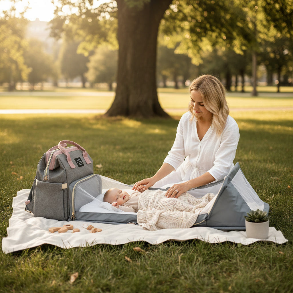 Woman sitting on a blanket with a baby in a portable crib in a park